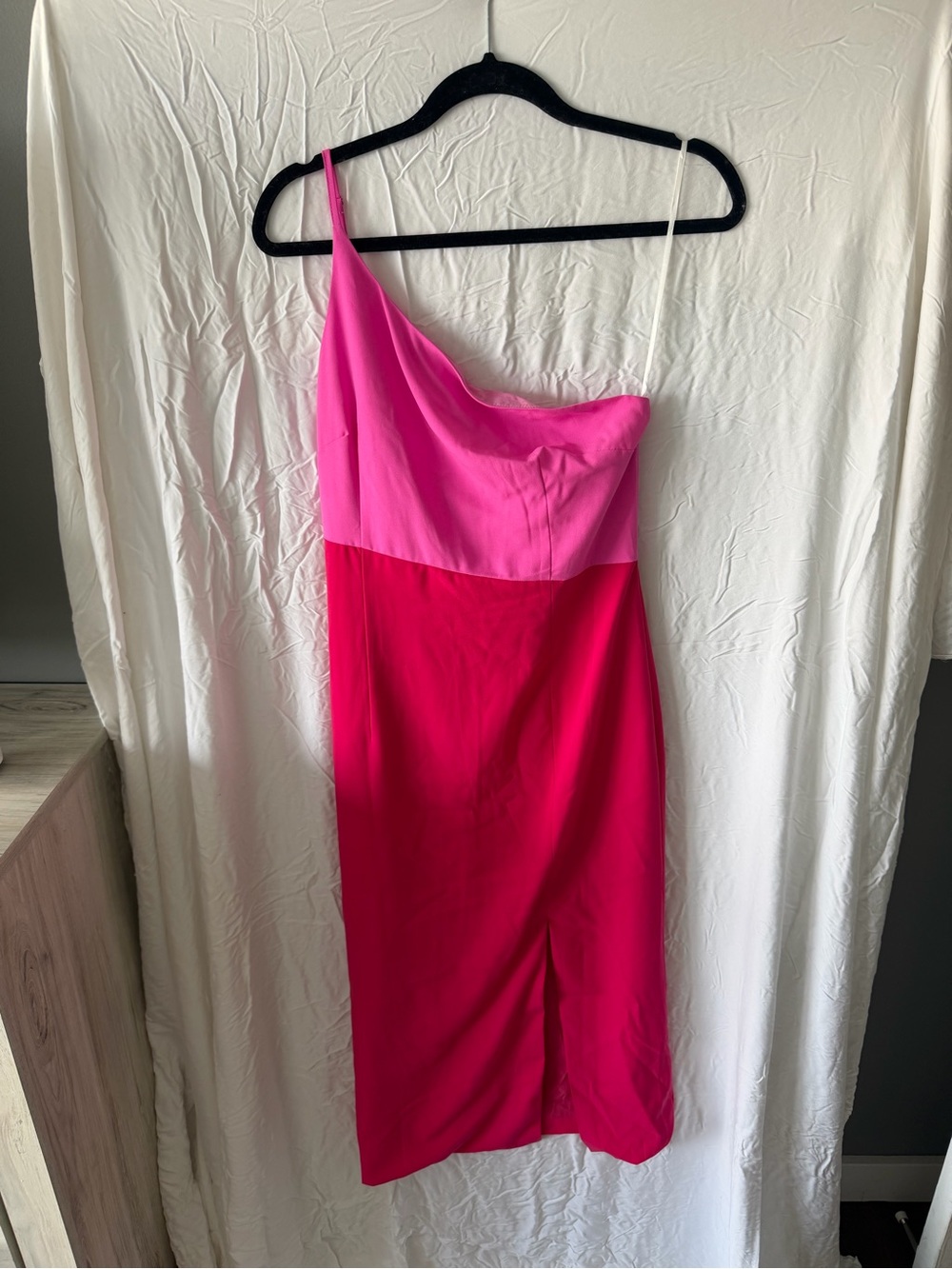 Petal & Pup Two-Tone Hot Pink One-Shoulder Midi Dress
